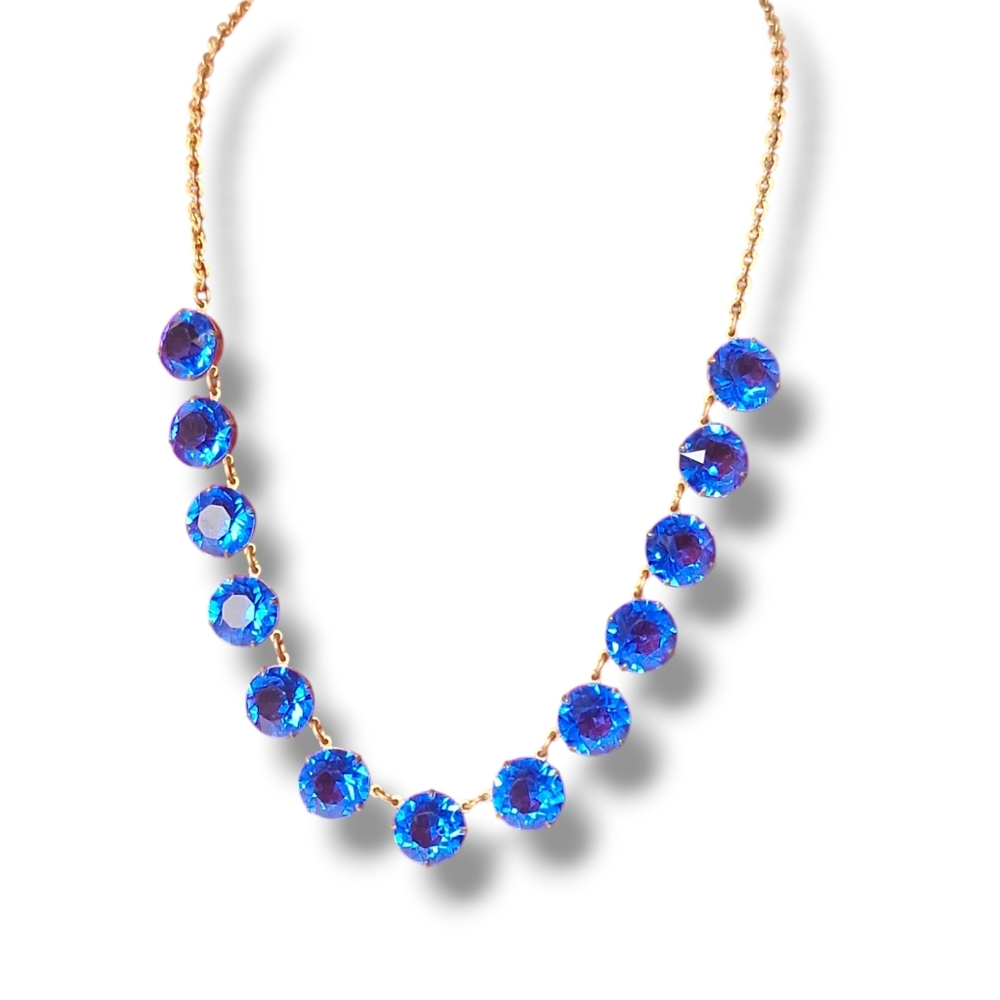 Antique Riviere Art Deco Gold Tone Sapphire Blue Glass Necklace 15" 1920s 1930s - Picture 2 of 16